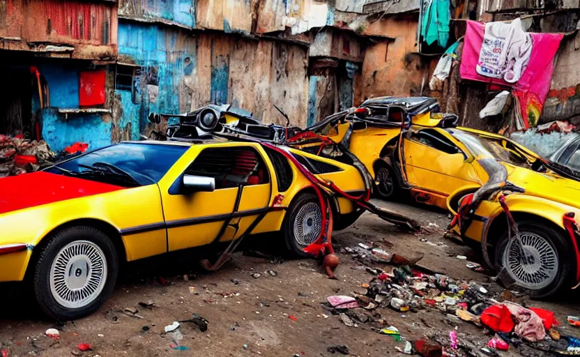 Image similar to a red and yellow delorean in ajegunle slums of lagos - nigeria, magazine collage, masterpiece,