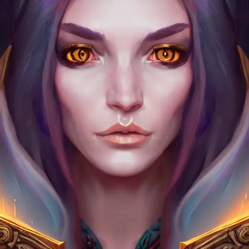 Prompt: Portrait of a sorceress, Hearthstone official trending art, exagerated accurate details, trending on MasterpieceStation in category 'Perfect identical eyes', hyperdetailed, artstation, cgsociety, 8k