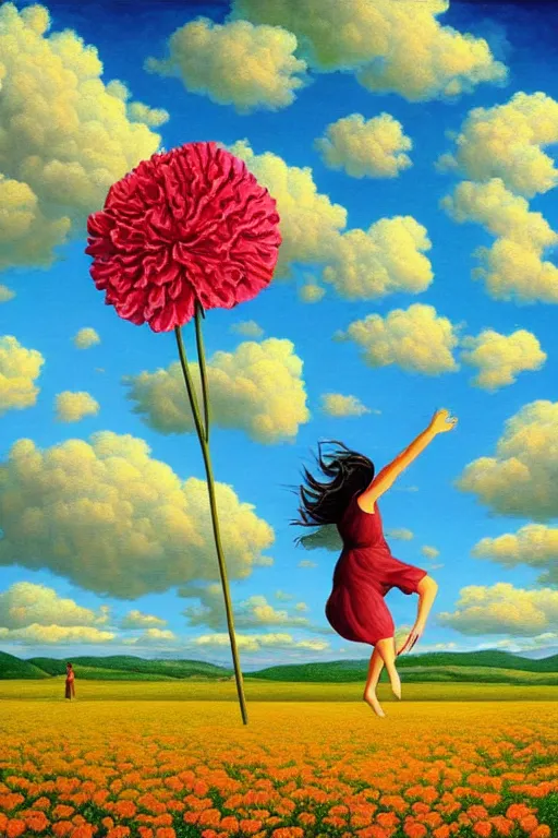 Image similar to closeup, giant carnation flower head, woman falling, surreal, clouds in sky, impressionist painting, digital painting, artstation, rob gonsalves