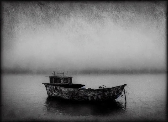 Prompt: lake by Andrei Tarkovsky, big monster eating boat, mist, lomography photo effect, monochrome, noise grain film