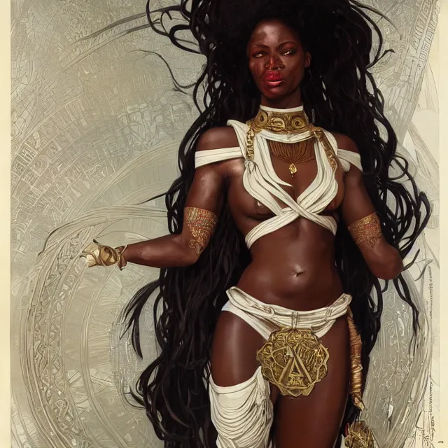 Image similar to african domme mistress, dominatrix full body, dominatrix, tribal, smooth white tight clothes suit, ornate, very beautiful, concept art, realistic painting, androgynous, afrofuturism, cgsociety, digital art by greg rutkowski, by alphonse mucha