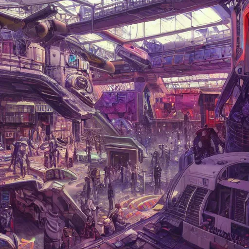 Image similar to highly detailed crowded used future shopping mall, robots humans and extraterrestrials, on a crowded space station, jim henson creature shop, 1 9 8 0 s science fiction, 1 9 7 0 s science fiction, alien 1 9 7 9, cyberpunk, 3 d oil painting, depth perception, 4 k, artstation