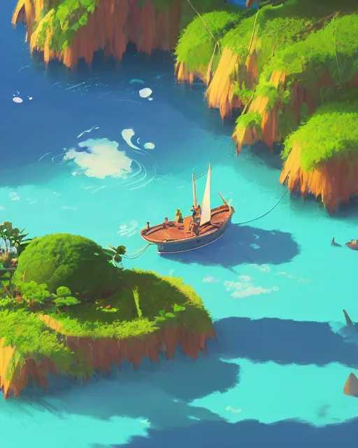 Image similar to small wooden boats around turtle shaped island, lush vegetation, azure water, glowing light, cory loftis, james gilleard, atey ghailan, makoto shinkai, goro fujita, studio ghibli, rim light, exquisite lighting, clear focus, very coherent, plain background, soft painting