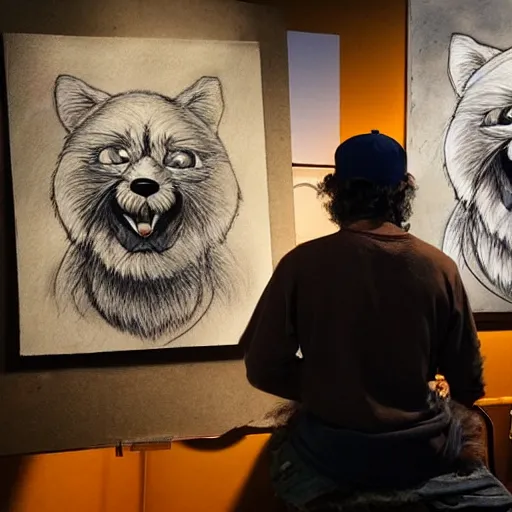 Image similar to photo portrait of drunk hobo artist drawing furries for booze, symmetry, awesome exposition, very detailed, highly accurate, intricate, professional lighting diffracted lightrays, 8 k, sense of awe