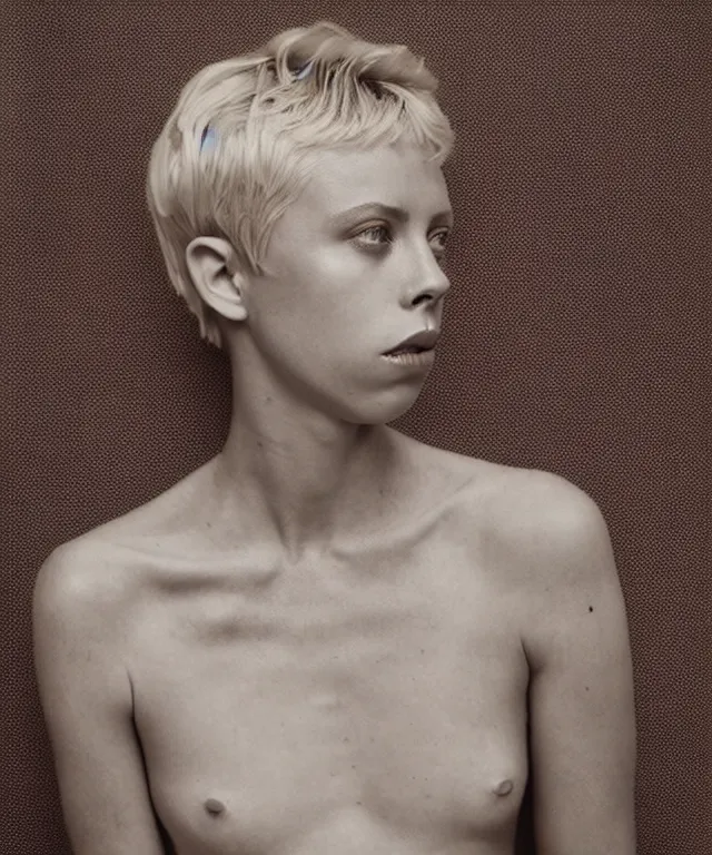 Image similar to a color photograph of edie campbell, bleached blonde short hair, by carrie mae weems, intense, bold, hyperrealistic, ultra sharp, extra details, ultra high quality, trending on pinteresst