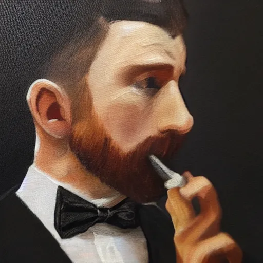 Prompt: a close - up canvas painting of a realistic irish man with a fade haircut, lighting a cigar, wearing a suit, bowtie, and ring, highly detailed