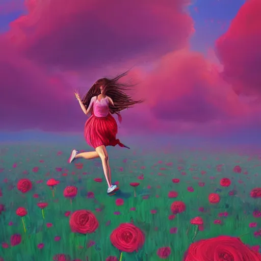 Image similar to giant rose flower head, full body girl running through a flower field, surreal photography, sunrise, dramatic light, impressionist painting, colorful clouds, digital painting, artstation, simon stalenhag