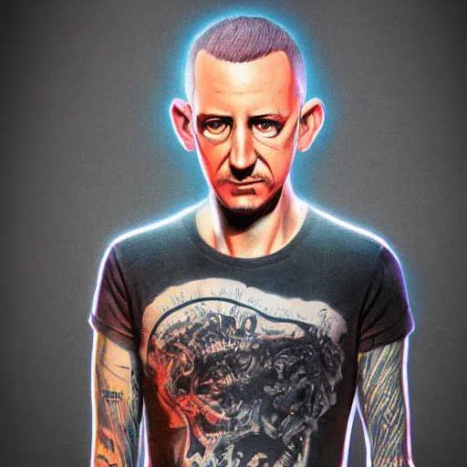 Image similar to photorealistic chester bennington. hyperdetailed photorealism, 1 0 8 megapixels, amazing depth, high resolution, 3 d shading, 3 d finalrender, 3 d cinematic lighting, glowing rich colors, psychedelic overtones, artstation concept art.