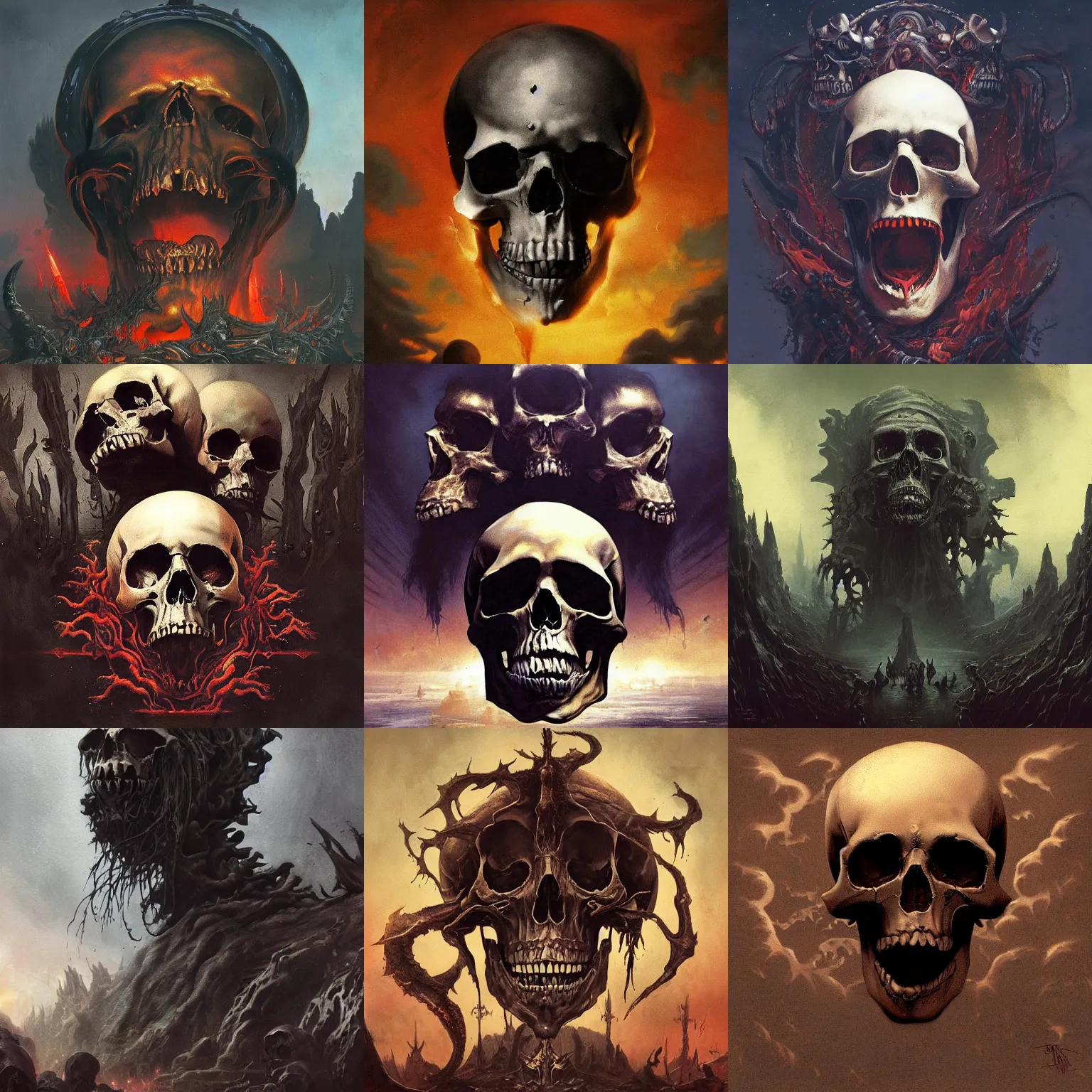 Prompt: album cover for south of heaven by the beatles, 1 9 8 8, a giant skull, pain and torment, by geiger and goya and greg rutkowski, trending on artstation