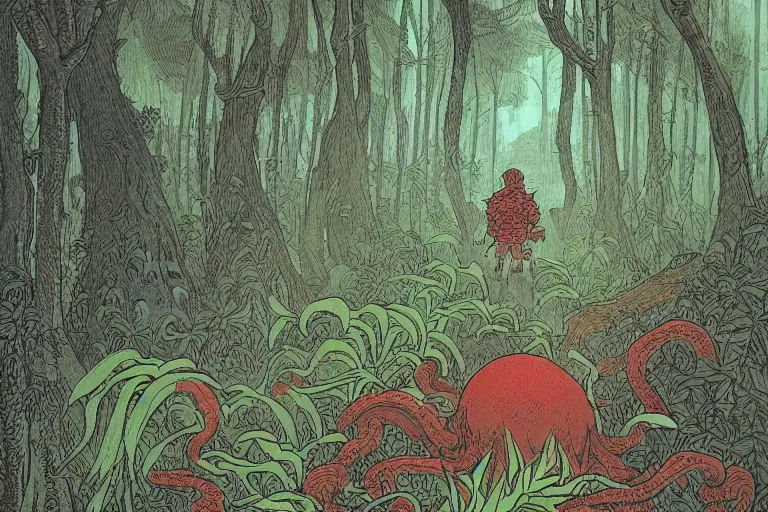 Prompt: a young boy entering a huge mysterious and fantastic forest with a cthulhu monster in a distant clearing, large path, mushrooms, lush exotic vegetation, very graphic illustration by jean giraud, drawing, yoshitaka amano and mike mignola vibe, clean line, colorful comics style, dynamic light