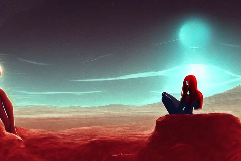 Prompt: a beautiful girl robot sitting on mars relaxing, red lighting, mist, digital art,