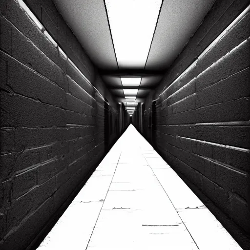 Image similar to photograph of an extremely dark narrow hallway with glowing humanoid cryptid made out of black and white static, dark deep black shadows, red and black color contrast in the style of trevor henderson, liminal space, 3 d octane render, glitch effect