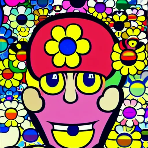 Prompt: silhouette of man's head exploding into flowers, bright colors, Takashi Murakami, Minimalist,