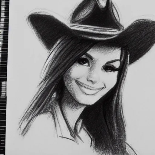 Image similar to milt kahl pencil sketch of victoria justice with a cowboy hat