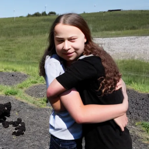 Image similar to greta thunberg hugging coal, in front of a coal fired power station