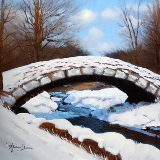 Prompt: Stone bridge over brook, pastoral scene. Winter, fresh snow. Oil on canvas, award winning