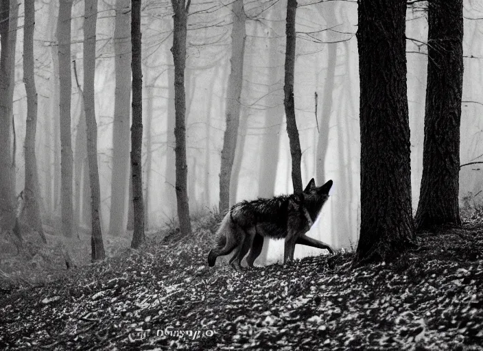 Prompt: wolf in the wood by Jakub Rozalski, lomography photo, blur, monochrome, 35 mm