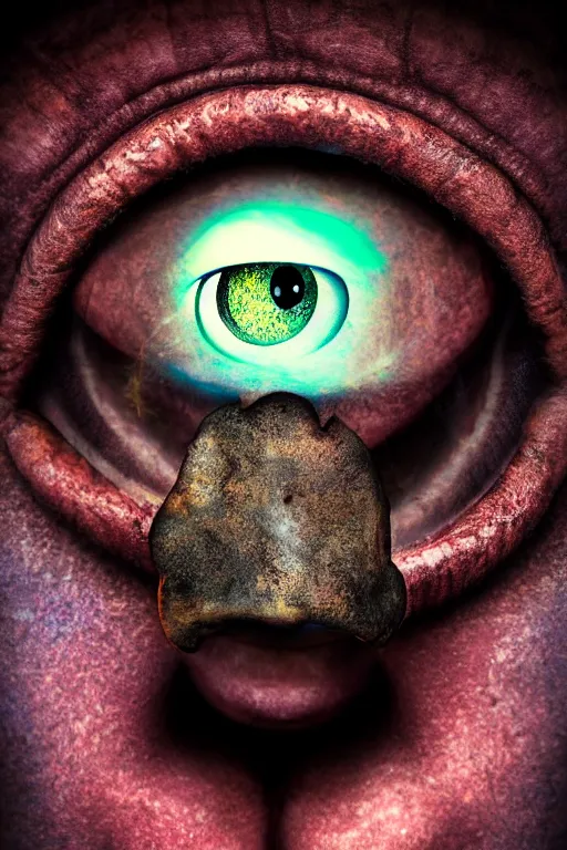 Prompt: Portrait photo of an unbrushed cyclops without nose and with one giant eye, high quality photo, 85mm, focused fantasy, colorful, digital art