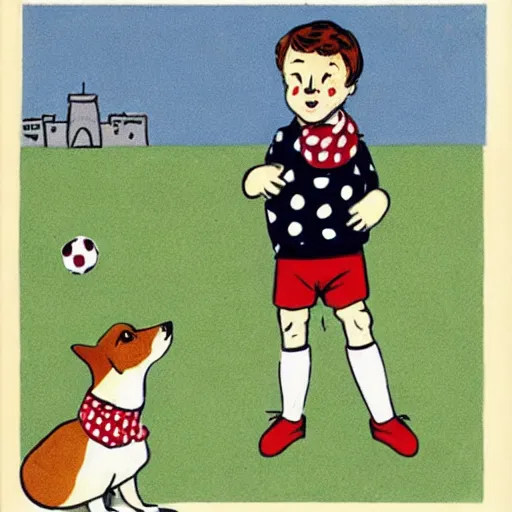 Image similar to illustration of french boy in paris playing football against a corgi, the dog is wearing a polka dot scarf, comic, 1 9 6 2