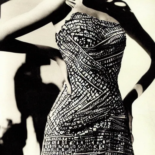 Image similar to close up of a dress with print of a female body ,Photographed by Henry Clarke, Vogue, January 1965, highly detailed