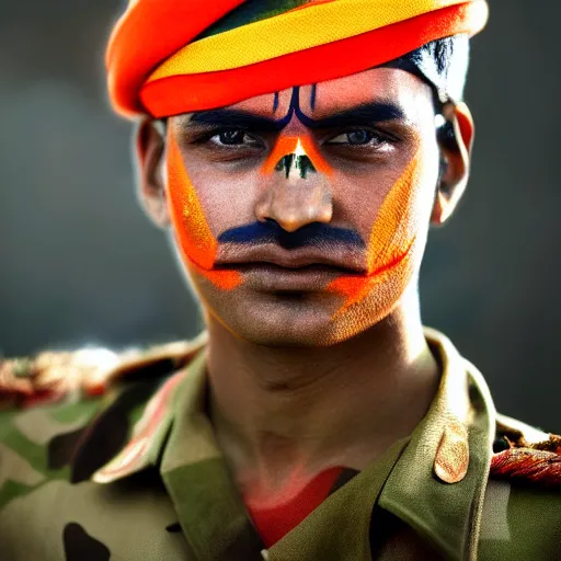 Image similar to a dramatic photograph of soldier from india, indian flag painted on his face, cinematic lighting