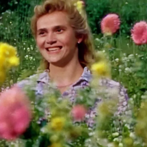 Prompt: vhs 1 9 8 0 s footage of a scene from the movie midsommar, a woman smiling while surrounded by flowers