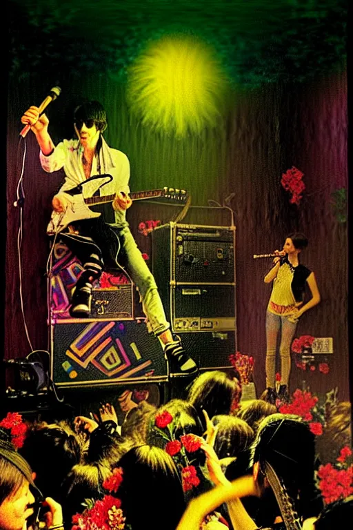 Prompt: the velvet underground and nico playing live on stage at a night club, nico in the center of stage, beautiful stage decoration with flowers in the background, painting by norman rockwell, very detailed and colorful and toned down and ornamental and moody and cool and relaxed and high on drugs, backlight, trending on artstation, behance contest winner