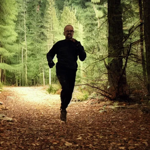 Image similar to trail cam footage of Walter White running through forest, night, photo realistic