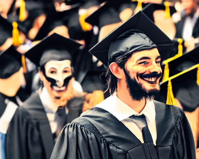 Image similar to man wearing guy fawkes mask accepts award, university graduation pose, photo, cinematic lighting