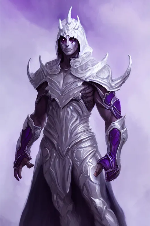 Prompt: human male demon, full body white purple cloak, hero, armor, character concept art, costume design, black eyes, white horns, trending on artstation, Artgerm , WLOP