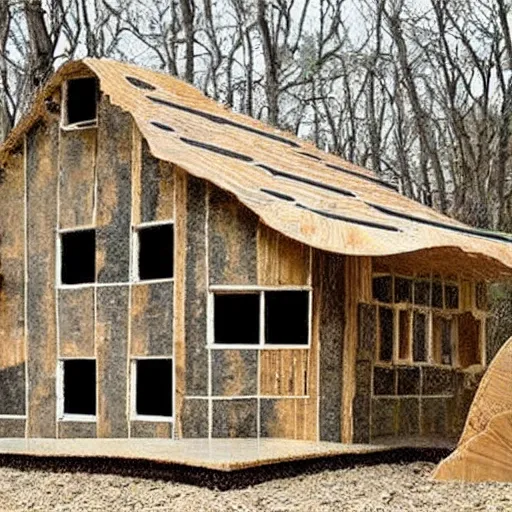 Image similar to house made of chainsaw parts drawn like a patent drawing