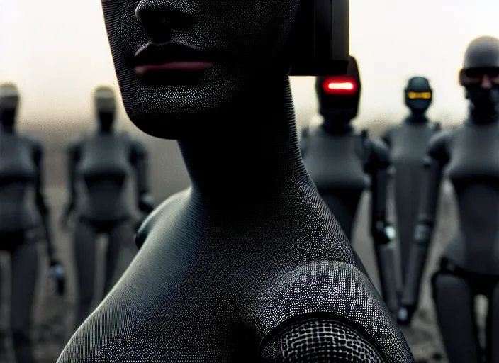 Image similar to cinestill 5 0 d photographic portrait of loving female androids wearing rugged black mesh techwear in a desolate american city, extreme closeup, modern cyberpunk, dust storm, 8 k, hd, high resolution, 3 5 mm, f / 3 2, ultra realistic faces, intricate detail, ex machina