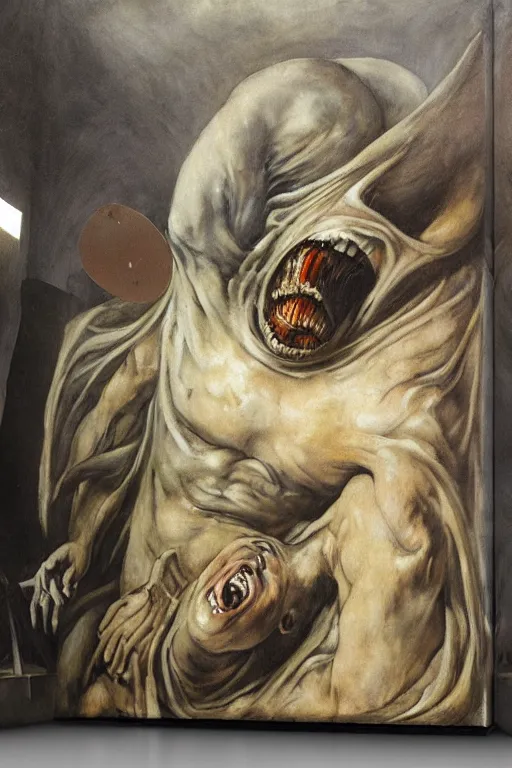 Prompt: canvas painting of saturn devouring his son in the syle of giger, giger art, francisco goya, mural, wall painting, extremely detailed, museum