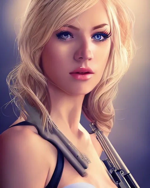 Image similar to side closeup of beautiful blonde female with blue eyes aiming l 9 6 a 1 rifle at target, award winning photography, extremely detailed, artstation, 8 k, sensual lighting, incredible art, wlop, artgerm, backlit, rim lighting, hi - fructose, cellshading, intricate lineart