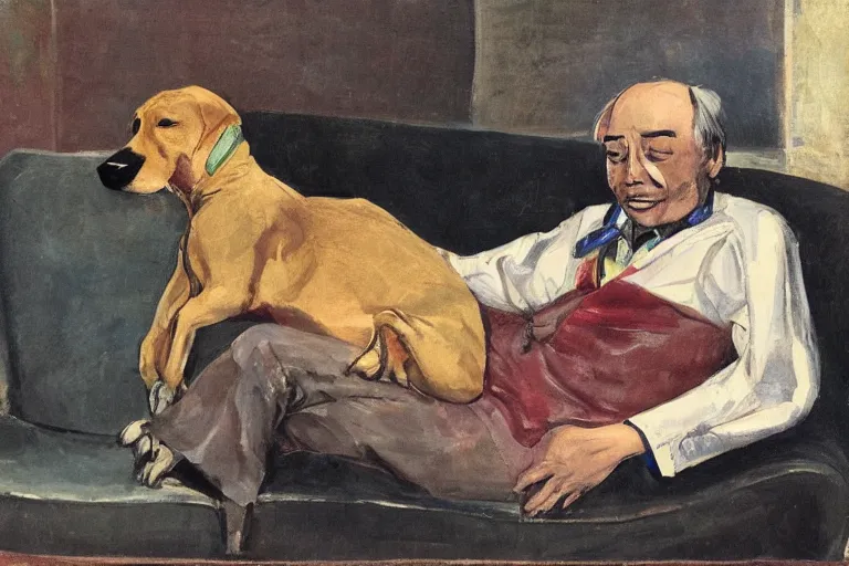 Prompt: A man leaning back on a sofa with his dog in his lap, Shinji Aramaki