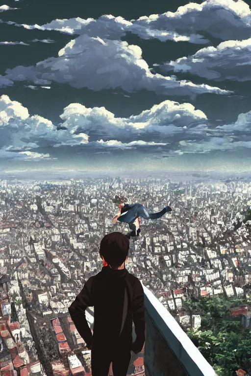 Prompt: Sad gopnik boy in black adidas sportswear squating фand looking atop of a urban plateau filled with soviet residential buildings, summer, dreamy, beautiful clouds, birds in the sky, ultra detailed, beautiful lighting, wallpaper, cityscape, beautiful artwork by Makoto Shinkai