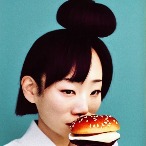 Image similar to A Japanese woman with a hamburger for a head, portrait, Taschen, by David Bailey