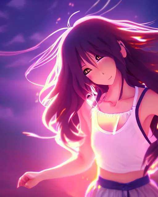 Image similar to anime style, vivid, expressive, full body, 4 k, a cute girl with white skin and long wavy hair humming a song, stunning, realistic light and shadow effects, centered, simple background, studio ghibly makoto shinkai yuji yamaguchi