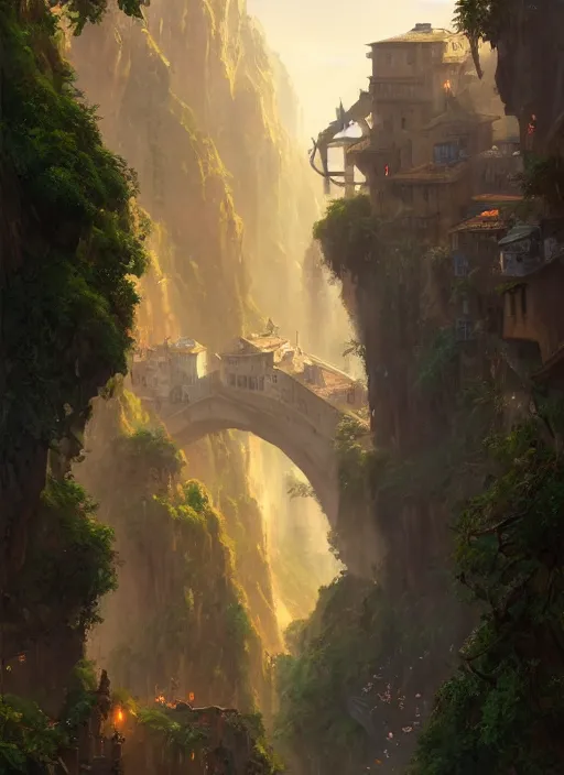 Image similar to medieval city built on terraces in a gigantic canyon, lots of buildings connected by bridges, waterfalls, warm glow coming the ground, lush vegetation, pitchblack sky, extremly detailed digital painting, in the style andreas rocha and greg rutkowski and peter mohrbacher, rim light, beautiful lighting, 8 k, stunning scene, octane, trending on artstation