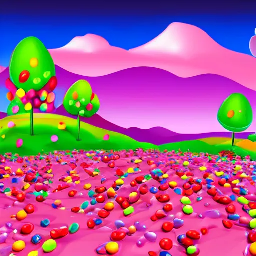 Prompt: candy landscape, mobile game background, match 3, pink hills, candy canes, chocolate, vector art, very detailed, artstation