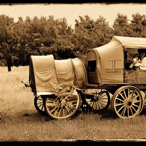 Prompt: a monochromatic sepia photograph of a delorean time machine traveling with covered wagons and pioneers on the oregon trail, trending on art station,