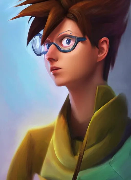 Prompt: digital portrait painting of tracer overwatch, in style of zdzisław beksinski,