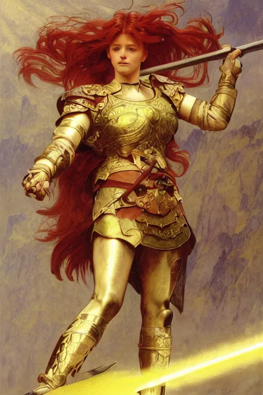 Image similar to full - body matte portrait of a legion of red haired lesbian valkyries in a heroic pose and wearing thick bronze plate armor at the top of a mountain holding a spear made of lightning, art by albert bierstadt, alphonse mucha, andreas rocha, greg rutkowski, sharp edges. ultra clear detailed. 8 k. elegant. octane render