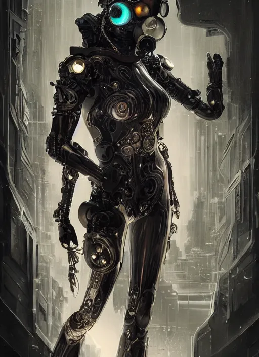 Image similar to a cyborg with mask, black leather garment with art nouveau ivory accessories, cyberpunk, darksynth, luxury, concept art by jama jurabaev, extremely detailed, ominous, ethereal, andree wallin, edvige faini, masamune shirow, alphonse mucha