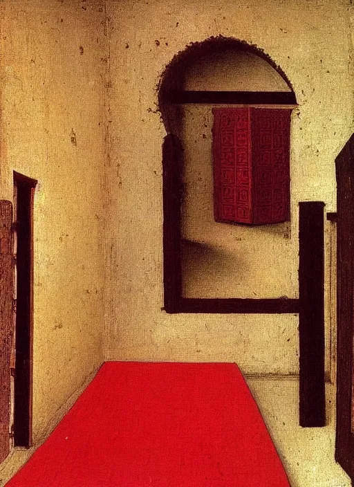 Image similar to red cloth of the floor, medieval painting by jan van eyck, johannes vermeer, florence