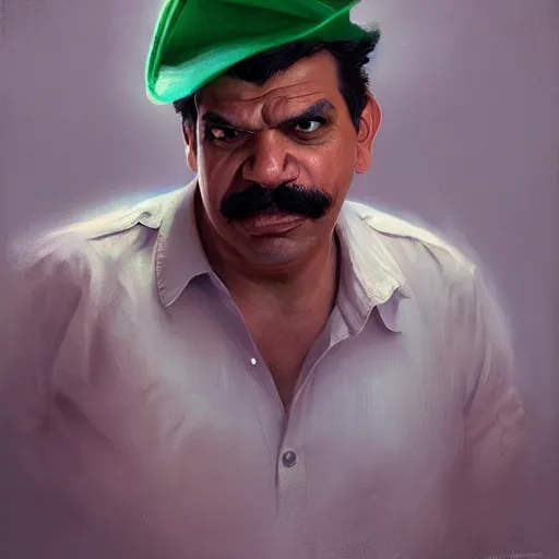 Image similar to hyper realistic portrait, beautifully rendered, luis guzman as luigi wearing green, smirking deviously, luigi, painted by greg rutkowski, wlop, artgerm, dishonored 2