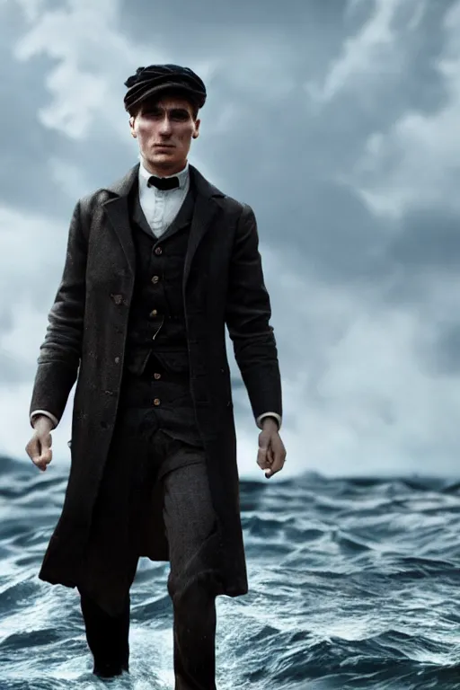 Prompt: Thomas Shelby wearing a Standard diving dress, walking out the ocean, dramatic, realistic, 8k, 4k, unreal engine