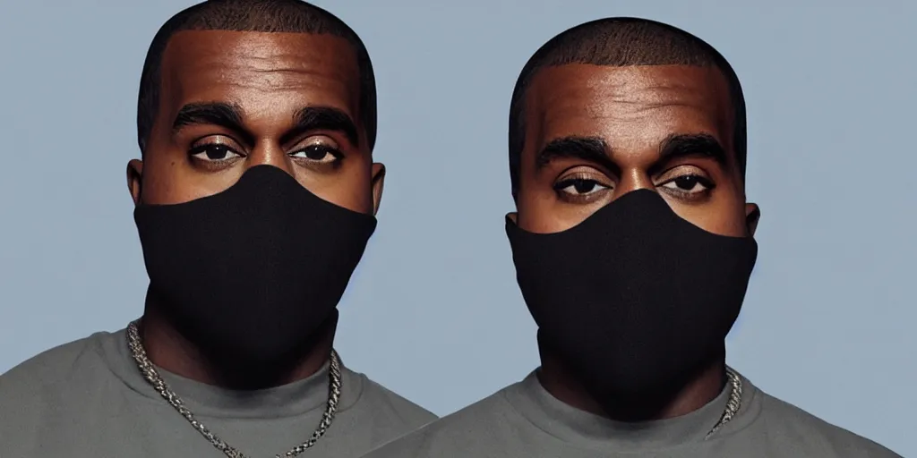 Image similar to kanye west using a full face covering black mask, a small, tight, undersized reflective bright blue round puffer jacket made of nylon, reflective jeans pants made of nylon and big black balenciaga rubber boots in 3 d, blender, octane render, 3 d render, realistic, unreal engine, trending on sketchfab, studio light, 4 k, 8 k