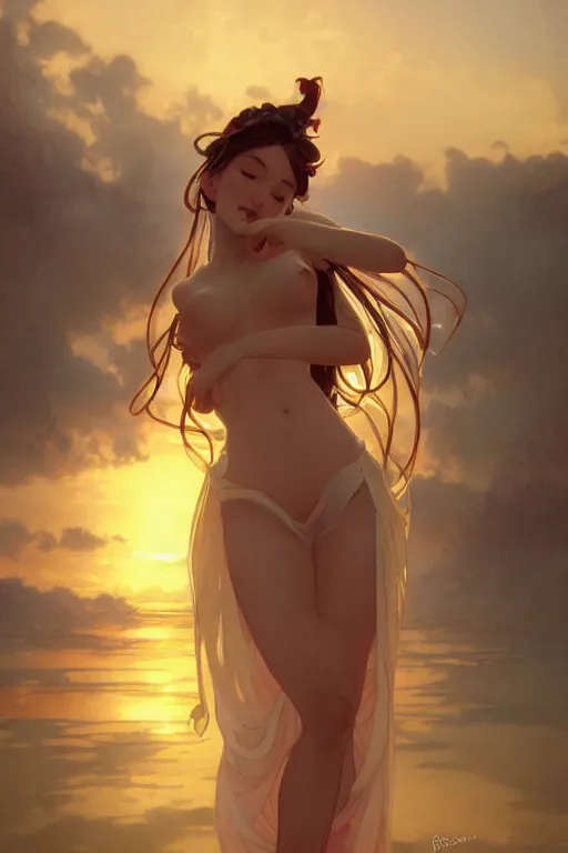 Image similar to full body dancing in the sunset a seductive meditation goddess in the style of artgerm, wlop, greg rutkowski, alphonse mucha and ayami kojima, realistic details, volumetric lighting, very very very very beautiful symmetrical face, trending on artstation, artstationhd, artstationhq, unreal engine, 4 k, 8 k