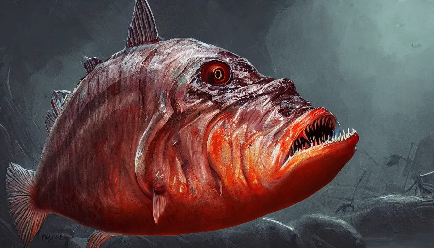 Prompt: Digital painting of creepy piranha, hyperdetailed, artstation, cgsociety, 8k